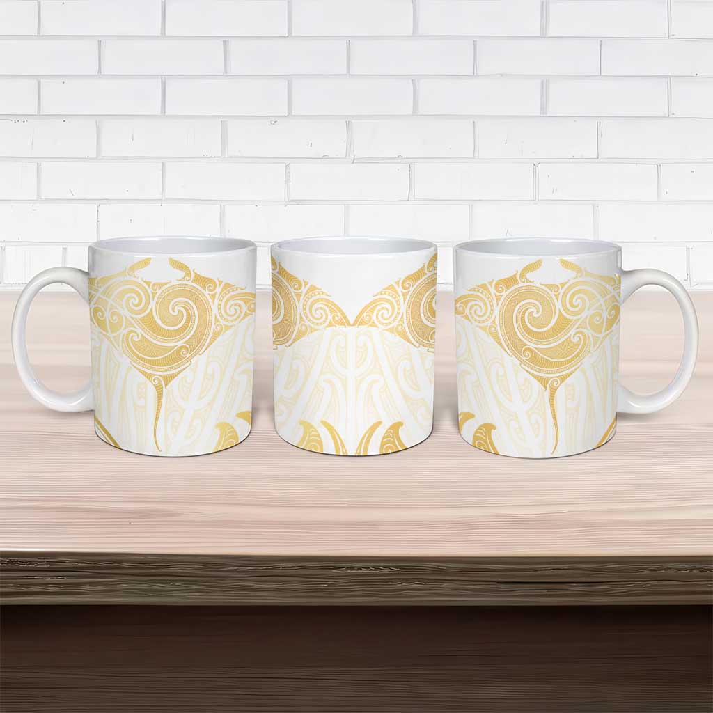 Gold White New Zealand Manta Ray Ceramic Mug Aotearoa Maori Haehae - Polynesian Pride