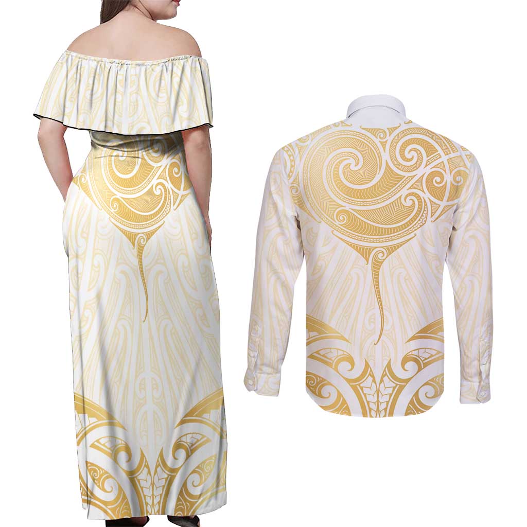 Gold White New Zealand Manta Ray Couples Matching Off Shoulder Maxi Dress and Long Sleeve Button Shirt Aotearoa Maori Haehae - Polynesian Pride