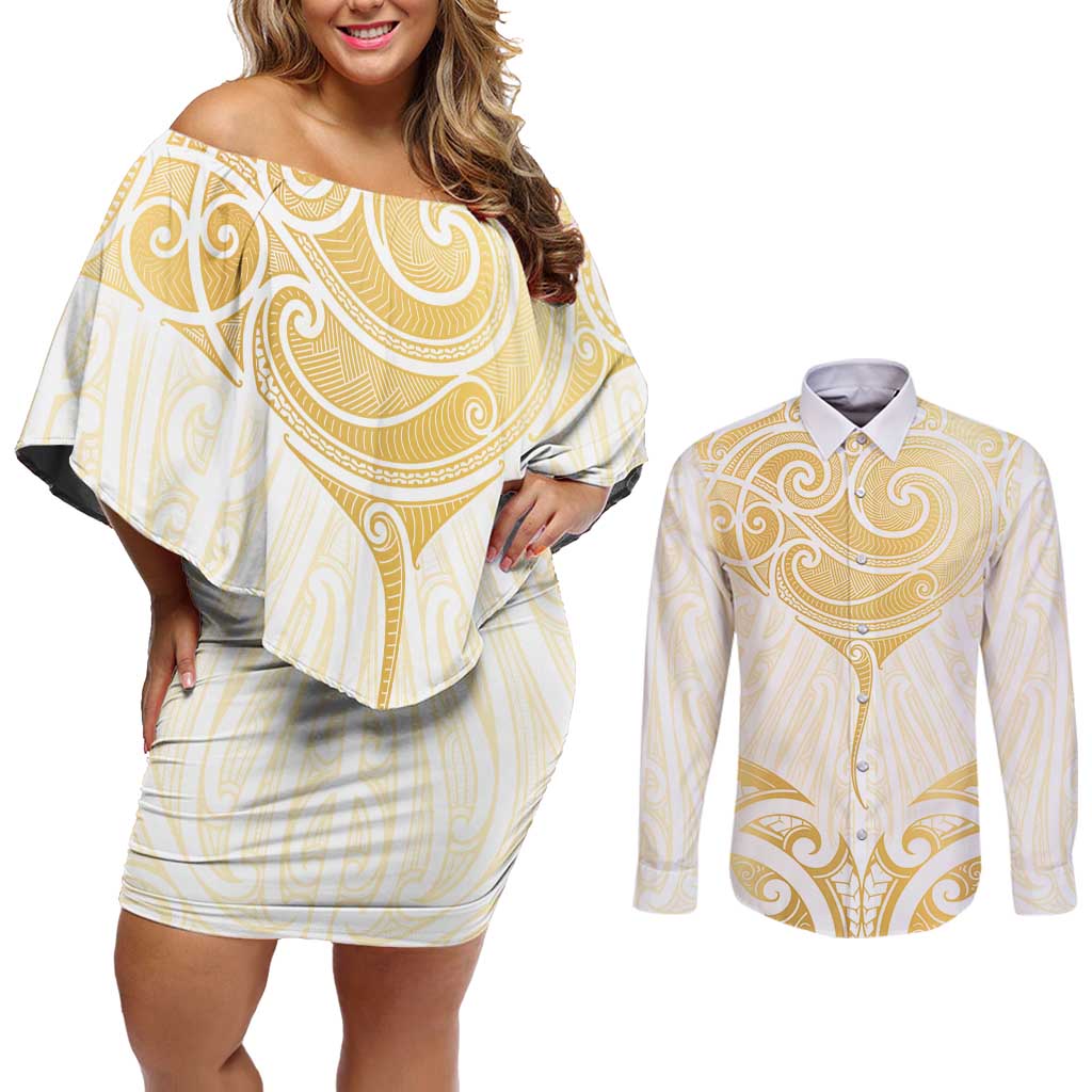 Gold White New Zealand Manta Ray Couples Matching Off Shoulder Short Dress and Long Sleeve Button Shirt Aotearoa Maori Haehae - Polynesian Pride