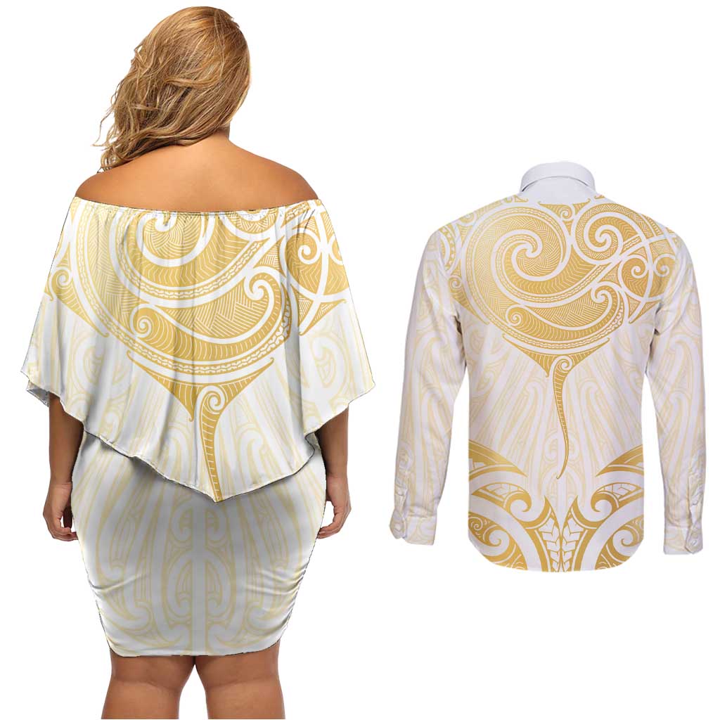Gold White New Zealand Manta Ray Couples Matching Off Shoulder Short Dress and Long Sleeve Button Shirt Aotearoa Maori Haehae - Polynesian Pride