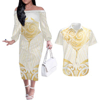 Gold White New Zealand Manta Ray Couples Matching Off The Shoulder Long Sleeve Dress and Hawaiian Shirt Aotearoa Maori Haehae - Polynesian Pride