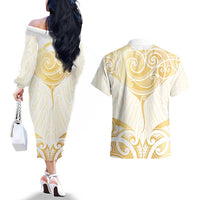 Gold White New Zealand Manta Ray Couples Matching Off The Shoulder Long Sleeve Dress and Hawaiian Shirt Aotearoa Maori Haehae - Polynesian Pride