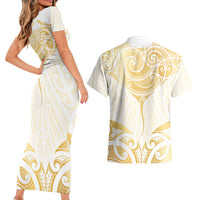 Gold White New Zealand Manta Ray Couples Matching Short Sleeve Bodycon Dress and Hawaiian Shirt Aotearoa Maori Haehae - Polynesian Pride