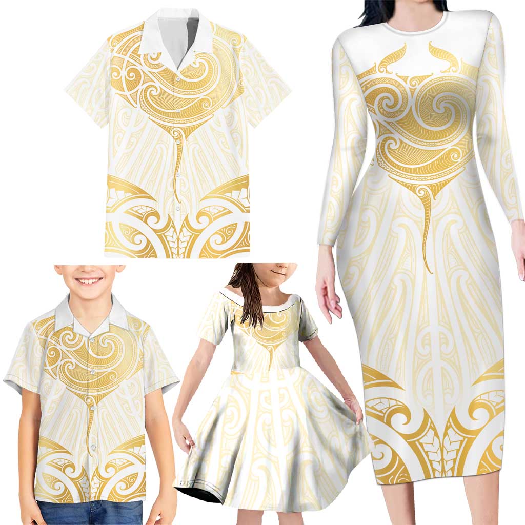 Gold White New Zealand Manta Ray Family Matching Long Sleeve Bodycon Dress and Hawaiian Shirt Aotearoa Maori Haehae - Polynesian Pride