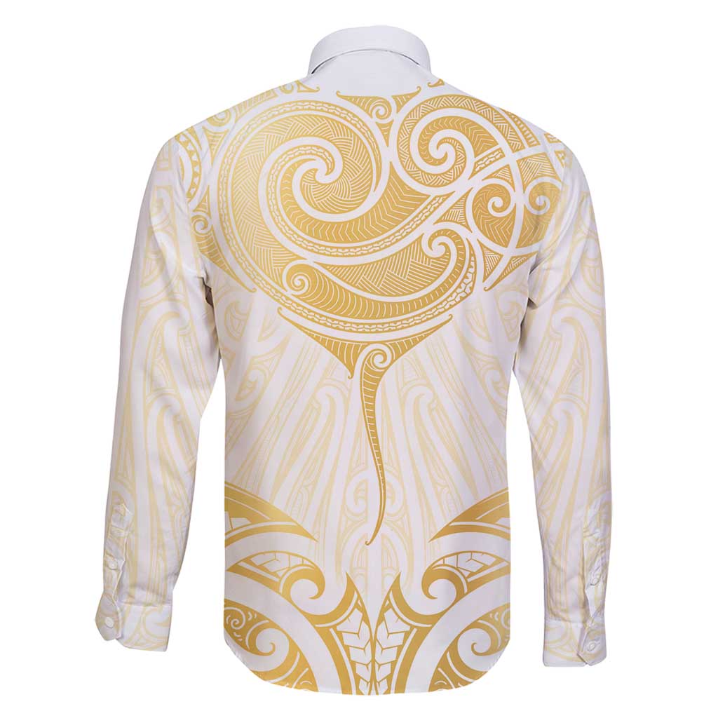 Gold White New Zealand Manta Ray Family Matching Long Sleeve Bodycon Dress and Hawaiian Shirt Aotearoa Maori Haehae - Polynesian Pride