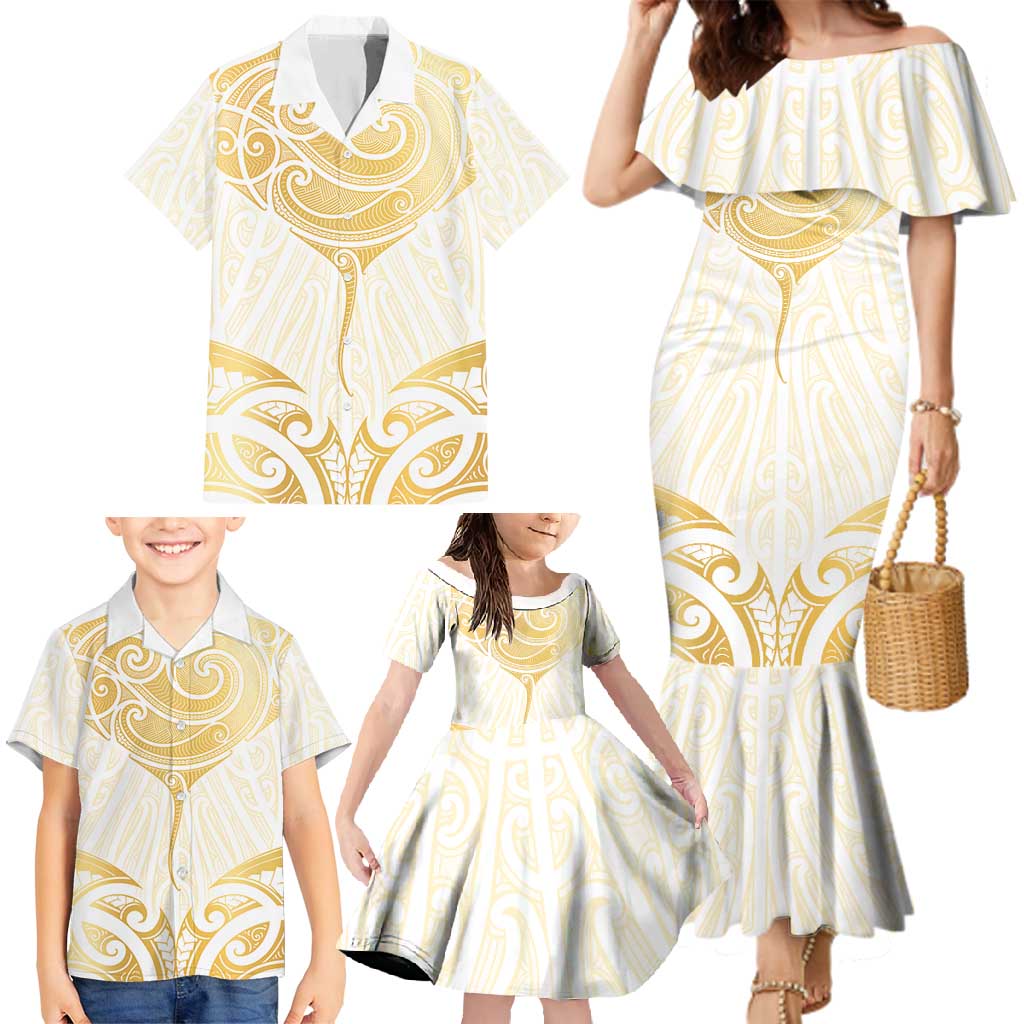 Gold White New Zealand Manta Ray Family Matching Mermaid Dress and Hawaiian Shirt Aotearoa Maori Haehae - Polynesian Pride