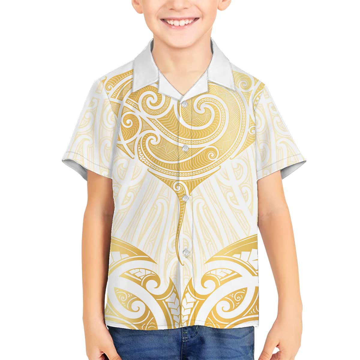 Gold White New Zealand Manta Ray Family Matching Off The Shoulder Long Sleeve Dress and Hawaiian Shirt Aotearoa Maori Haehae - Polynesian Pride