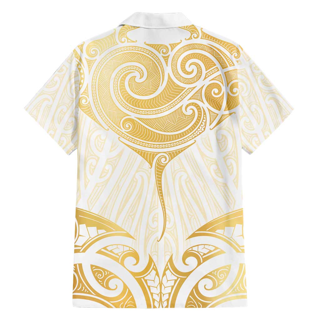 Gold White New Zealand Manta Ray Family Matching Off Shoulder Short Dress and Hawaiian Shirt Aotearoa Maori Haehae - Polynesian Pride