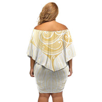 Gold White New Zealand Manta Ray Family Matching Off Shoulder Short Dress and Hawaiian Shirt Aotearoa Maori Haehae - Polynesian Pride