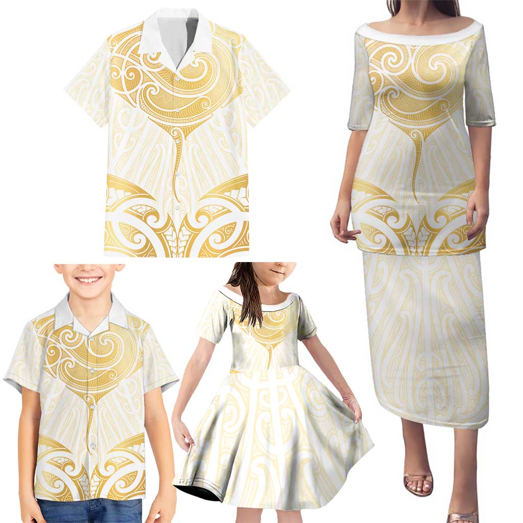 Gold White New Zealand Manta Ray Family Matching Puletasi and Hawaiian Shirt Aotearoa Maori Haehae - Polynesian Pride