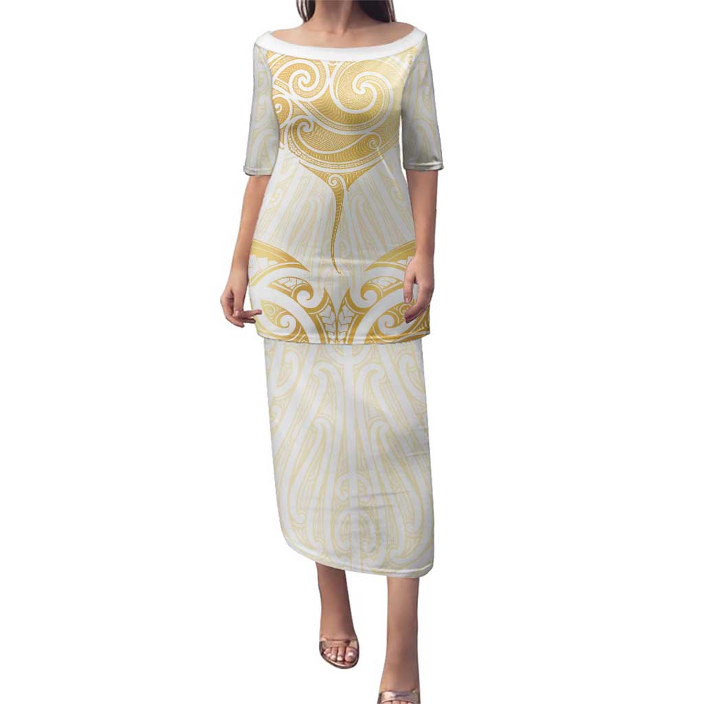 Gold White New Zealand Manta Ray Family Matching Puletasi and Hawaiian Shirt Aotearoa Maori Haehae - Polynesian Pride