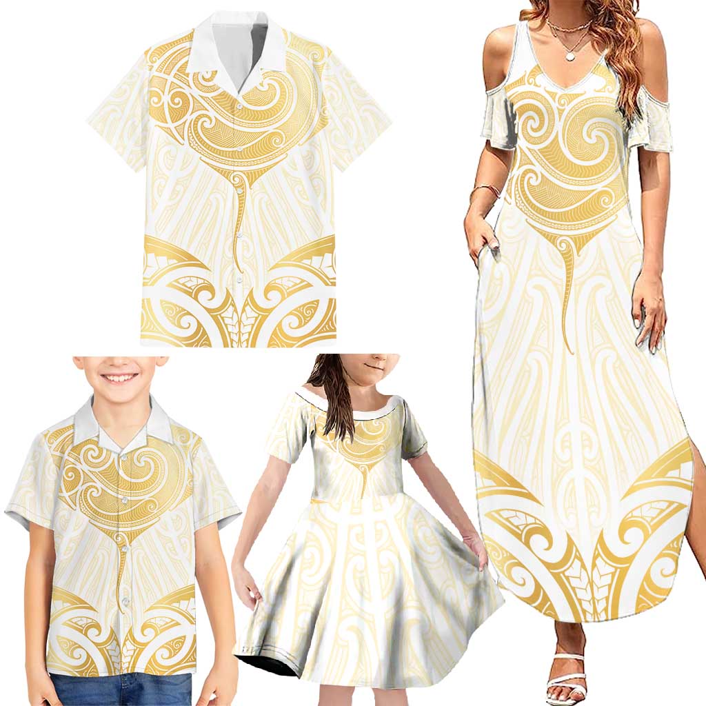 Gold White New Zealand Manta Ray Family Matching Summer Maxi Dress and Hawaiian Shirt Aotearoa Maori Haehae - Polynesian Pride