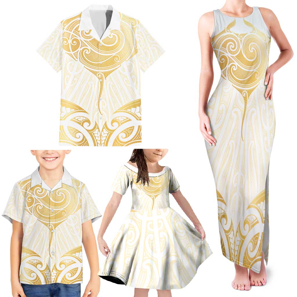Gold White New Zealand Manta Ray Family Matching Tank Maxi Dress and Hawaiian Shirt Aotearoa Maori Haehae - Polynesian Pride