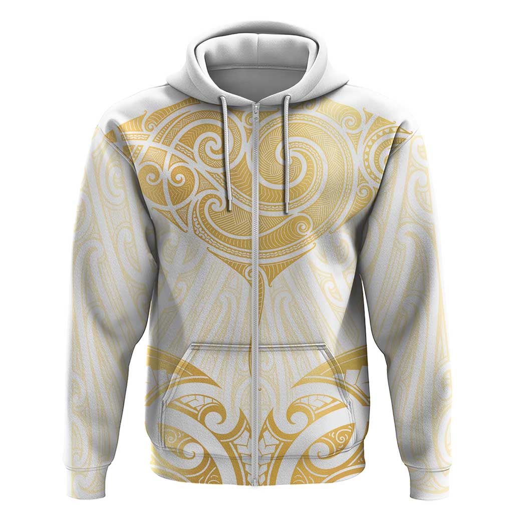 Gold White New Zealand Manta Ray Hoodie Aotearoa Maori Haehae - Polynesian Pride
