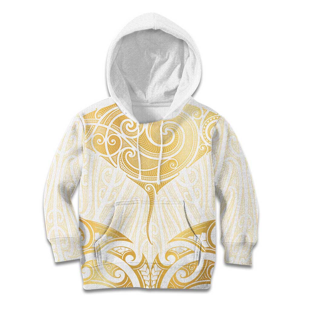 Gold White New Zealand Manta Ray Kid Hoodie Aotearoa Maori Haehae - Polynesian Pride
