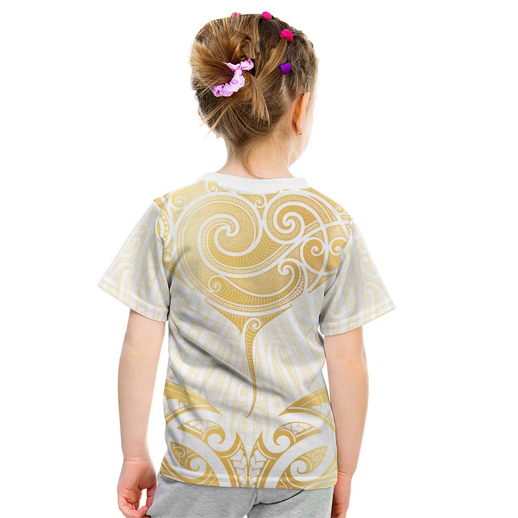Gold White New Zealand Manta Ray Kid T Shirt Aotearoa Maori Haehae - Polynesian Pride