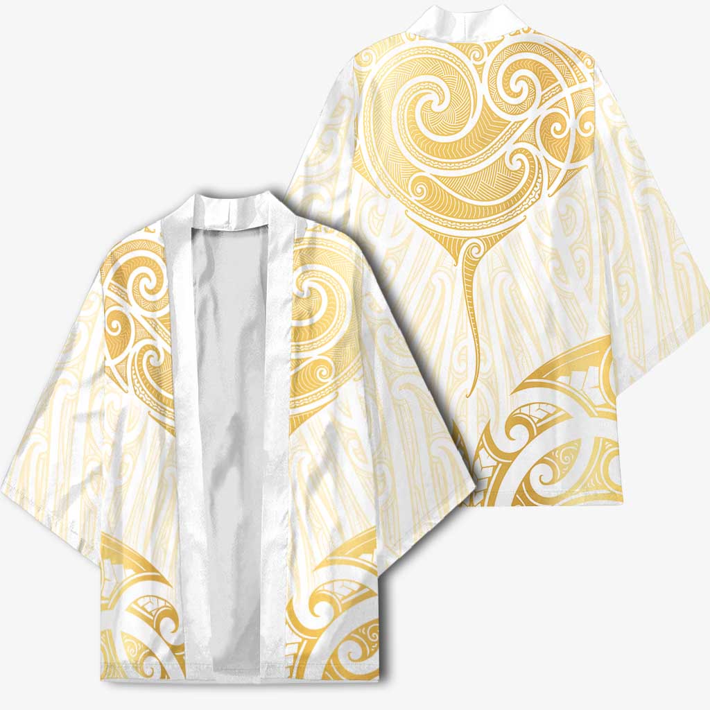 Gold White New Zealand Manta Ray Kimono Aotearoa Maori Haehae - Polynesian Pride