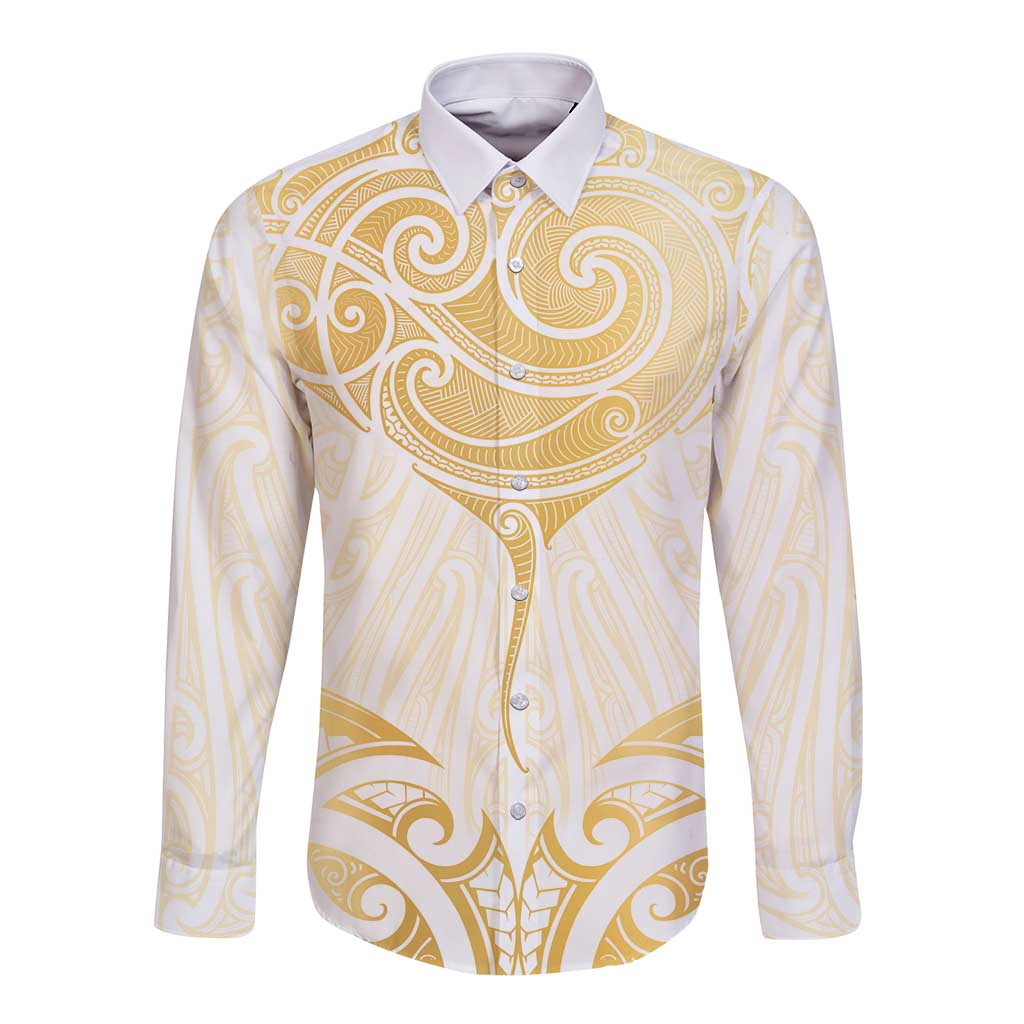 Gold White New Zealand Manta Ray Long Sleeve Button Shirt Aotearoa Maori Haehae - Polynesian Pride