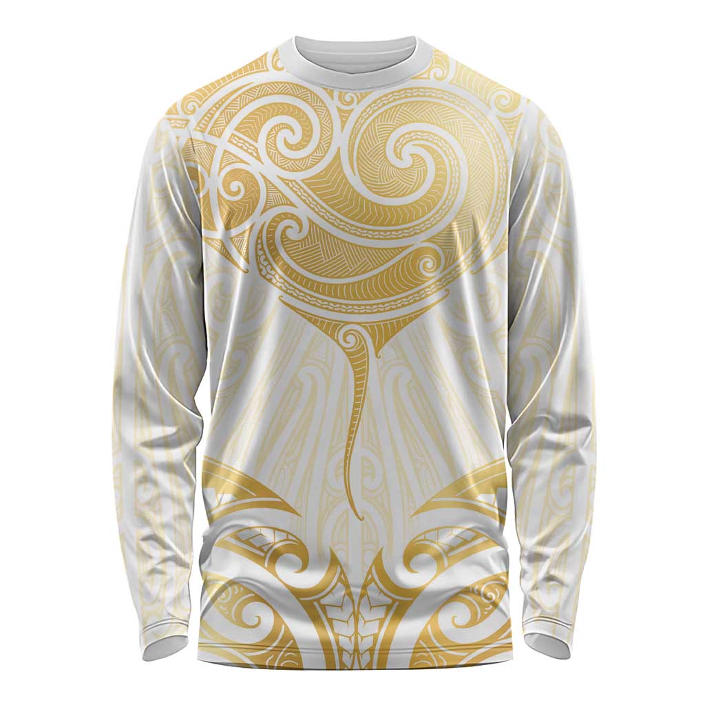 Gold White New Zealand Manta Ray Long Sleeve Shirt Aotearoa Maori Haehae - Polynesian Pride