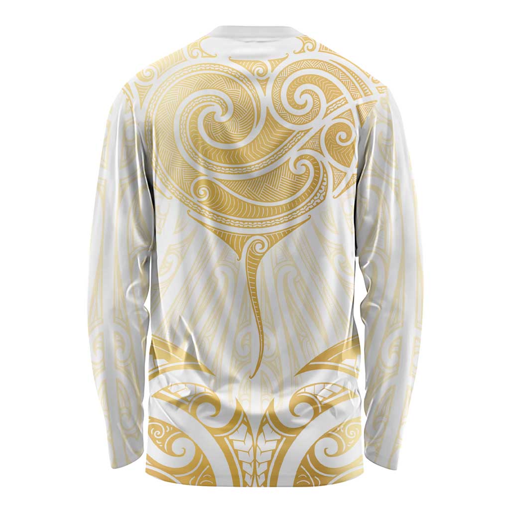 Gold White New Zealand Manta Ray Long Sleeve Shirt Aotearoa Maori Haehae - Polynesian Pride