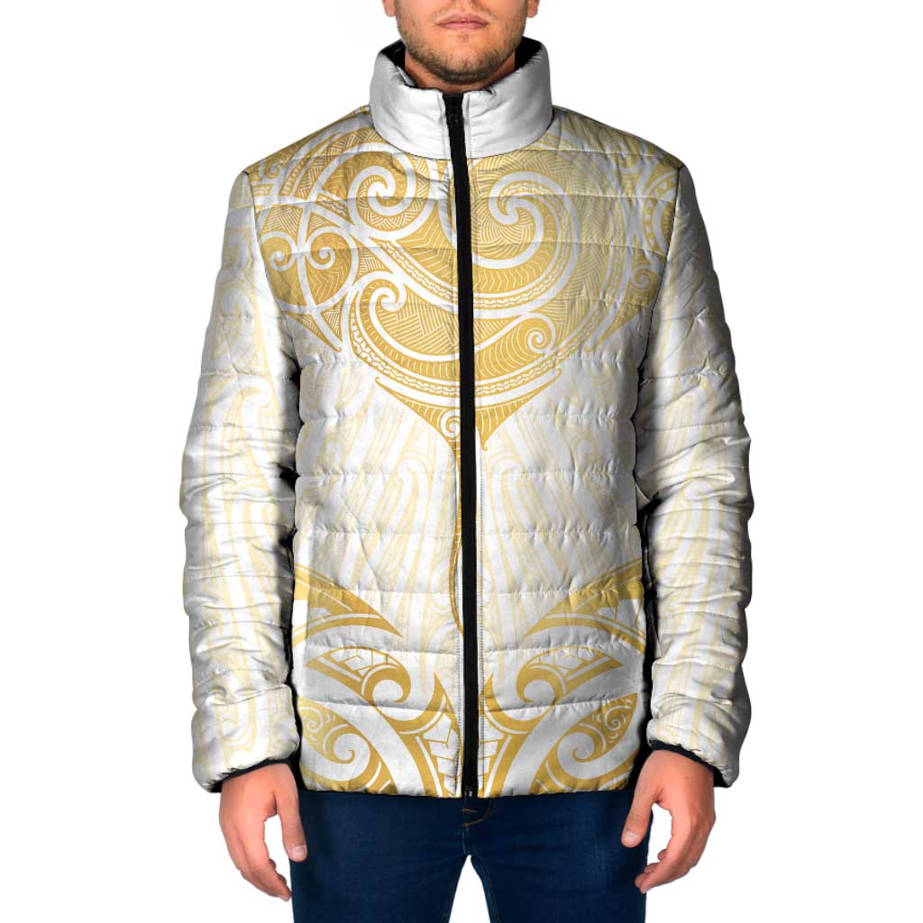 Gold White New Zealand Manta Ray Padded Jacket Aotearoa Maori Haehae - Polynesian Pride