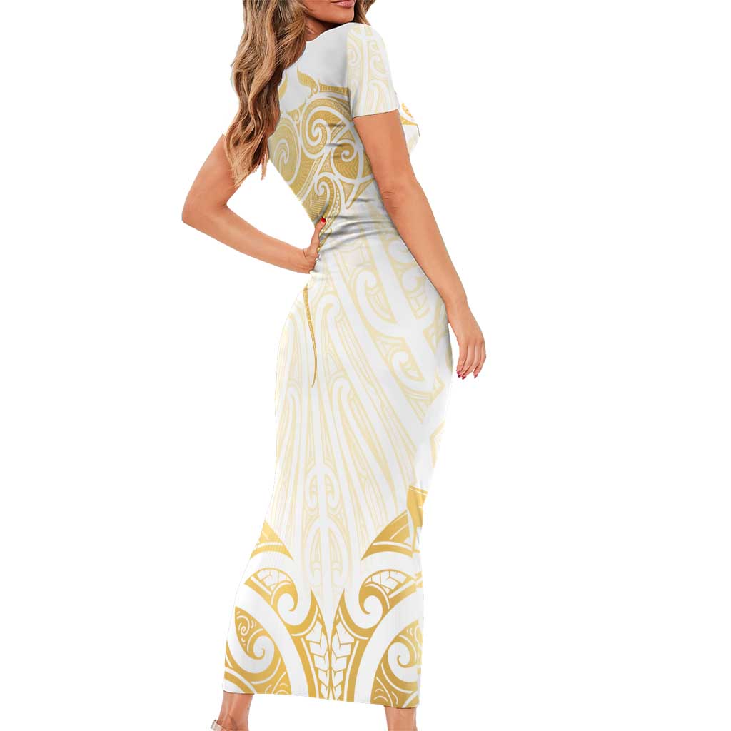 Gold White New Zealand Manta Ray Short Sleeve Bodycon Dress Aotearoa Maori Haehae - Polynesian Pride