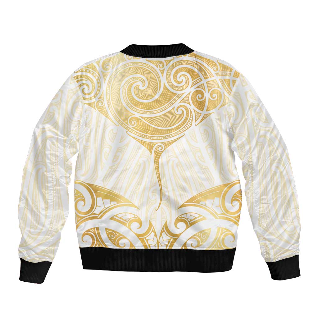 Gold White New Zealand Manta Ray Sleeve Zip Bomber Jacket Aotearoa Maori Haehae - Polynesian Pride