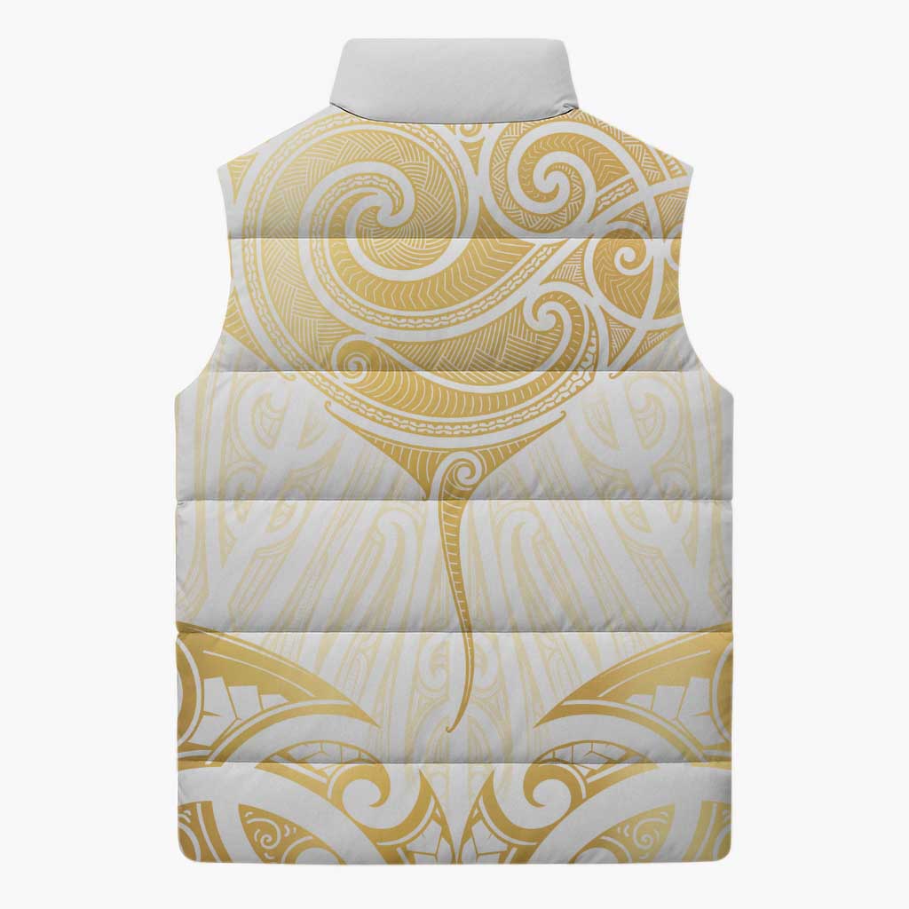 Gold White New Zealand Manta Ray Sleeveless Puffer Jacket Aotearoa Maori Haehae - Polynesian Pride
