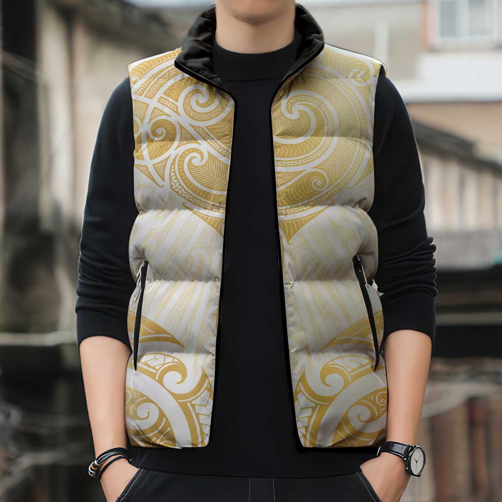 Gold White New Zealand Manta Ray Sleeveless Puffer Jacket Aotearoa Maori Haehae - Polynesian Pride