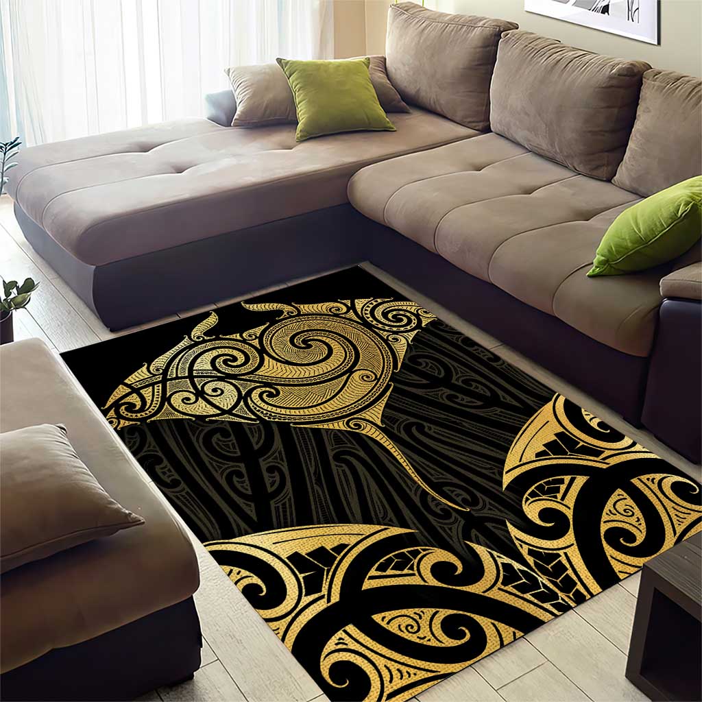 Gold Black New Zealand Manta Ray Area Rug Aotearoa Maori Haehae - Polynesian Pride