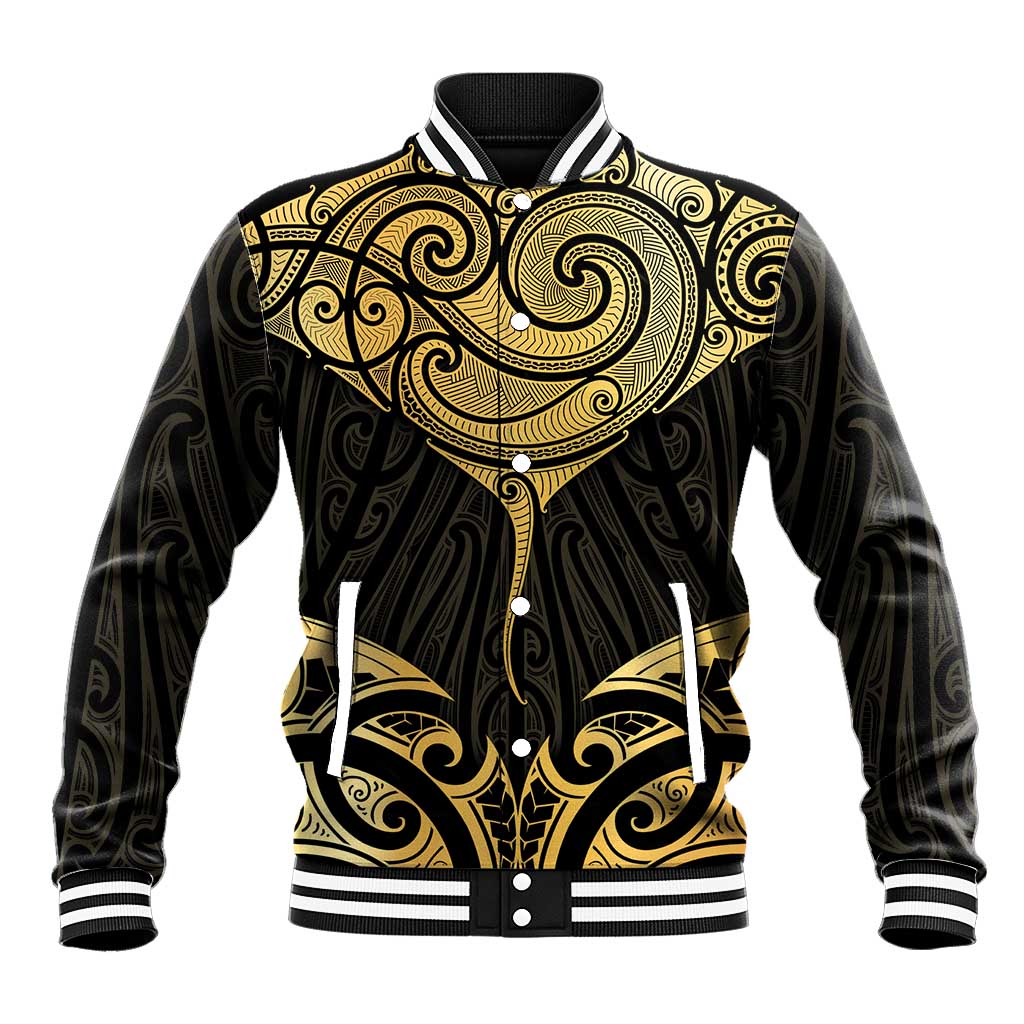 Gold Black New Zealand Manta Ray Baseball Jacket Aotearoa Maori Haehae - Polynesian Pride