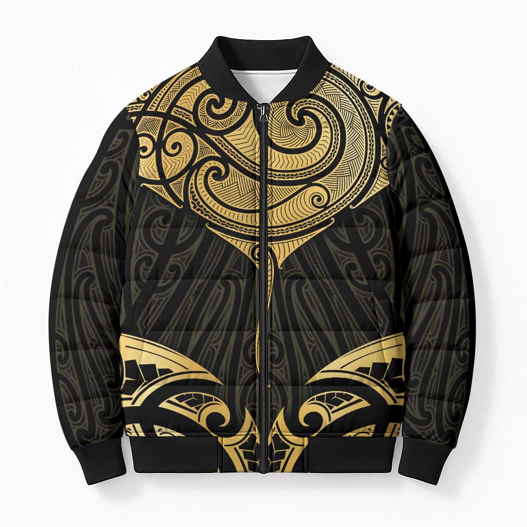 Gold Black New Zealand Manta Ray Bomber Puffer Jacket Aotearoa Maori Haehae - Polynesian Pride