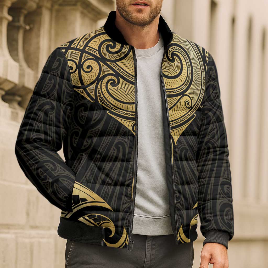 Gold Black New Zealand Manta Ray Bomber Puffer Jacket Aotearoa Maori Haehae - Polynesian Pride