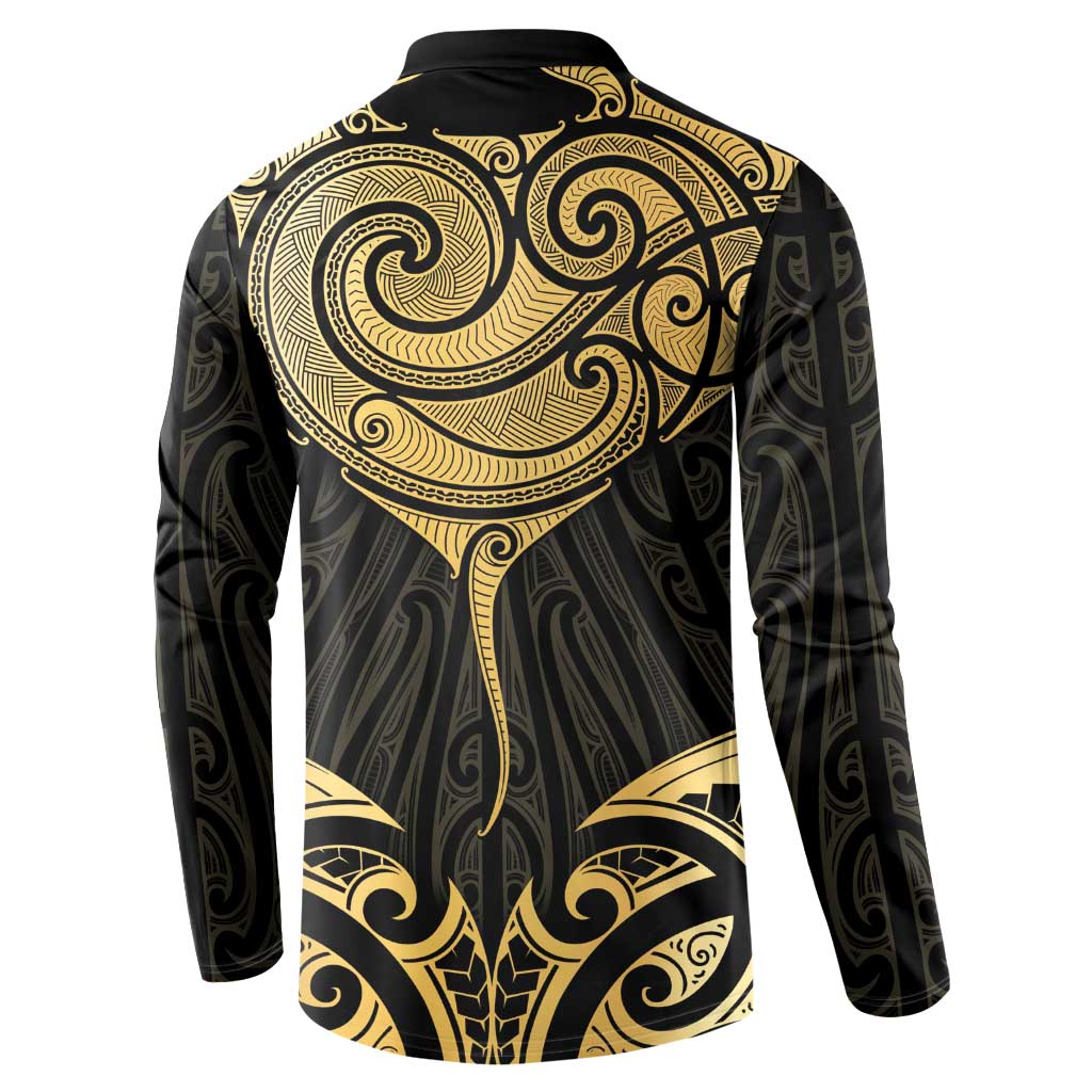 Gold Black New Zealand Manta Ray Button Sweatshirt Aotearoa Maori Haehae - Polynesian Pride
