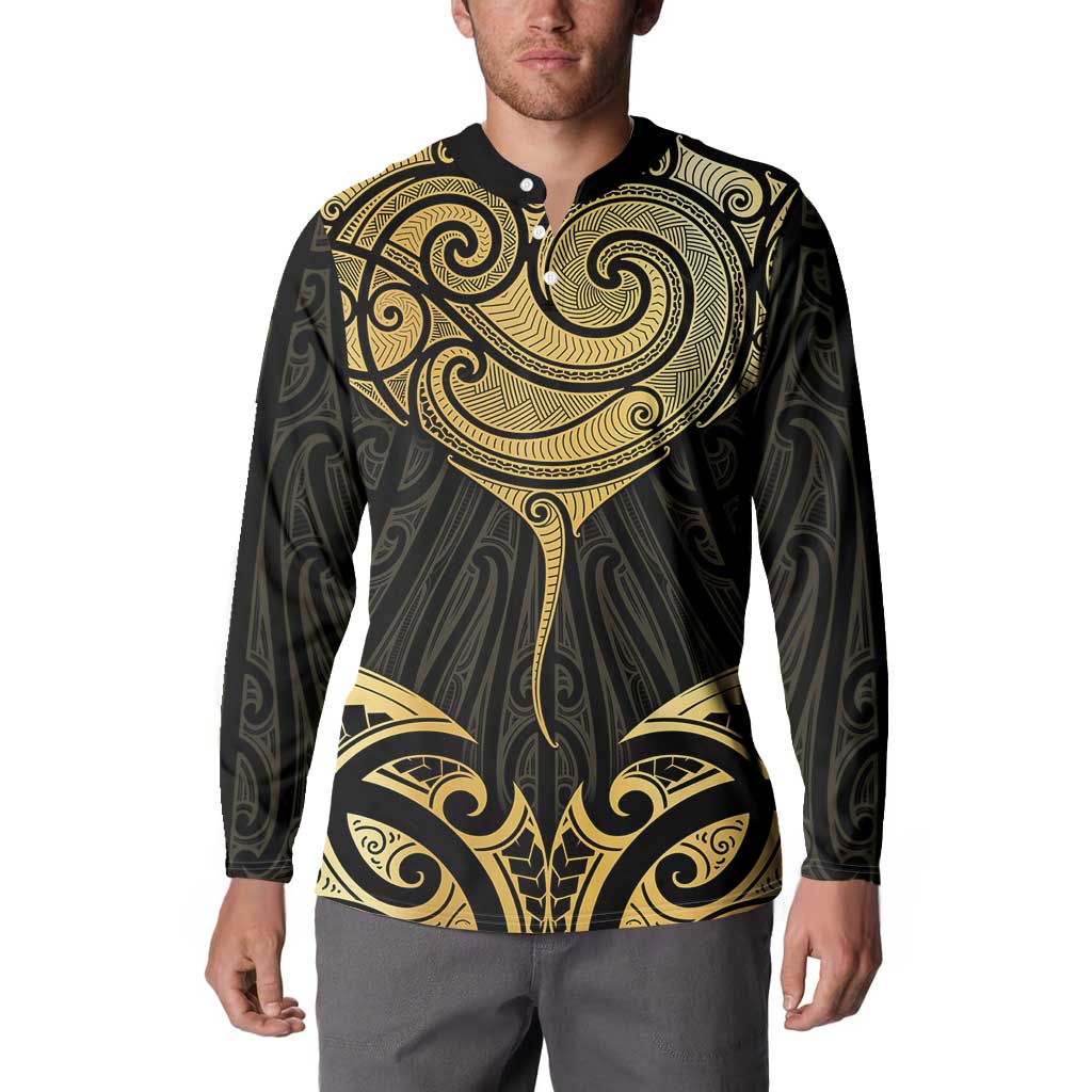 Gold Black New Zealand Manta Ray Button Sweatshirt Aotearoa Maori Haehae - Polynesian Pride