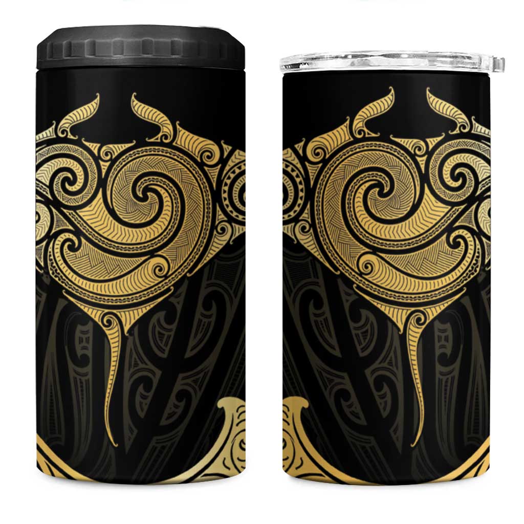 Gold Black New Zealand Manta Ray 4 in 1 Can Cooler Tumbler Aotearoa Maori Haehae - Polynesian Pride