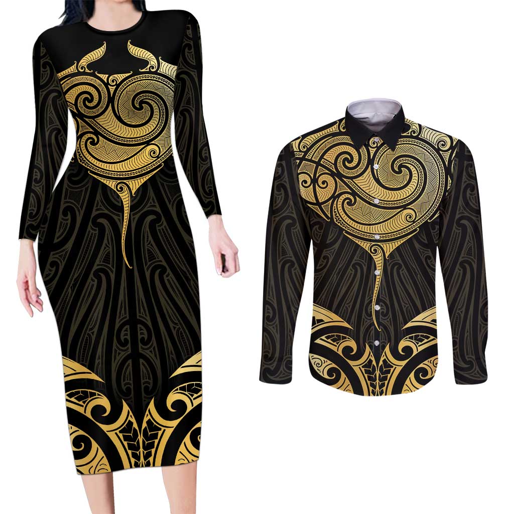 Gold Black New Zealand Manta Ray Couples Matching Long Sleeve Bodycon Dress and Long Sleeve Button Shirt Aotearoa Maori Haehae - Polynesian Pride