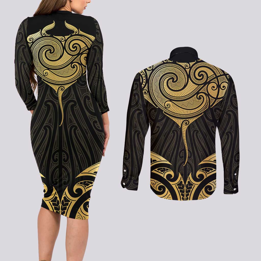 Gold Black New Zealand Manta Ray Couples Matching Long Sleeve Bodycon Dress and Long Sleeve Button Shirt Aotearoa Maori Haehae - Polynesian Pride