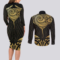 Gold Black New Zealand Manta Ray Couples Matching Long Sleeve Bodycon Dress and Long Sleeve Button Shirt Aotearoa Maori Haehae - Polynesian Pride
