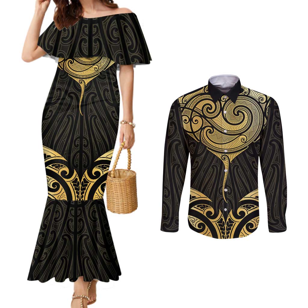 Gold Black New Zealand Manta Ray Couples Matching Mermaid Dress and Long Sleeve Button Shirt Aotearoa Maori Haehae - Polynesian Pride