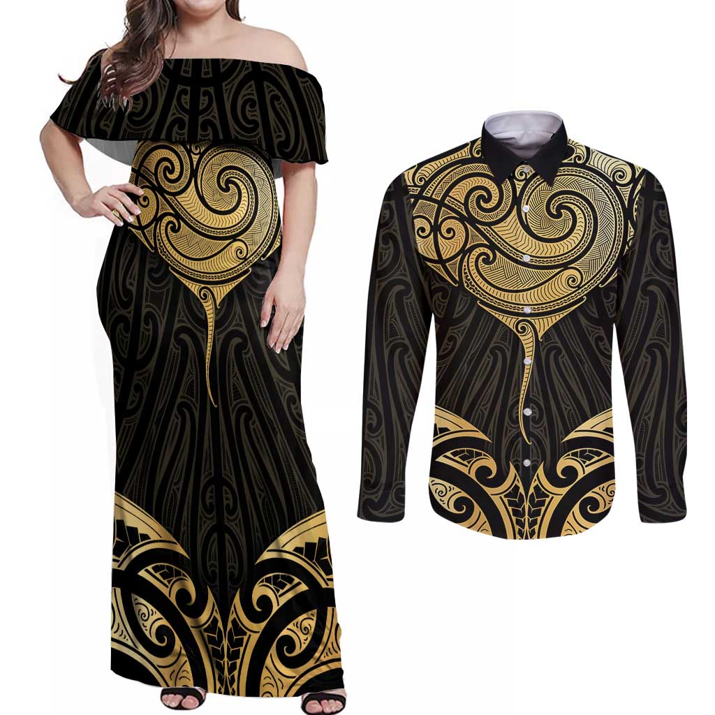 Gold Black New Zealand Manta Ray Couples Matching Off Shoulder Maxi Dress and Long Sleeve Button Shirt Aotearoa Maori Haehae - Polynesian Pride