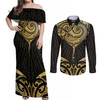 Gold Black New Zealand Manta Ray Couples Matching Off Shoulder Maxi Dress and Long Sleeve Button Shirt Aotearoa Maori Haehae - Polynesian Pride