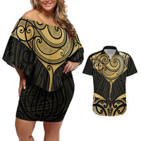 Gold Black New Zealand Manta Ray Couples Matching Off Shoulder Short Dress and Hawaiian Shirt Aotearoa Maori Haehae - Polynesian Pride