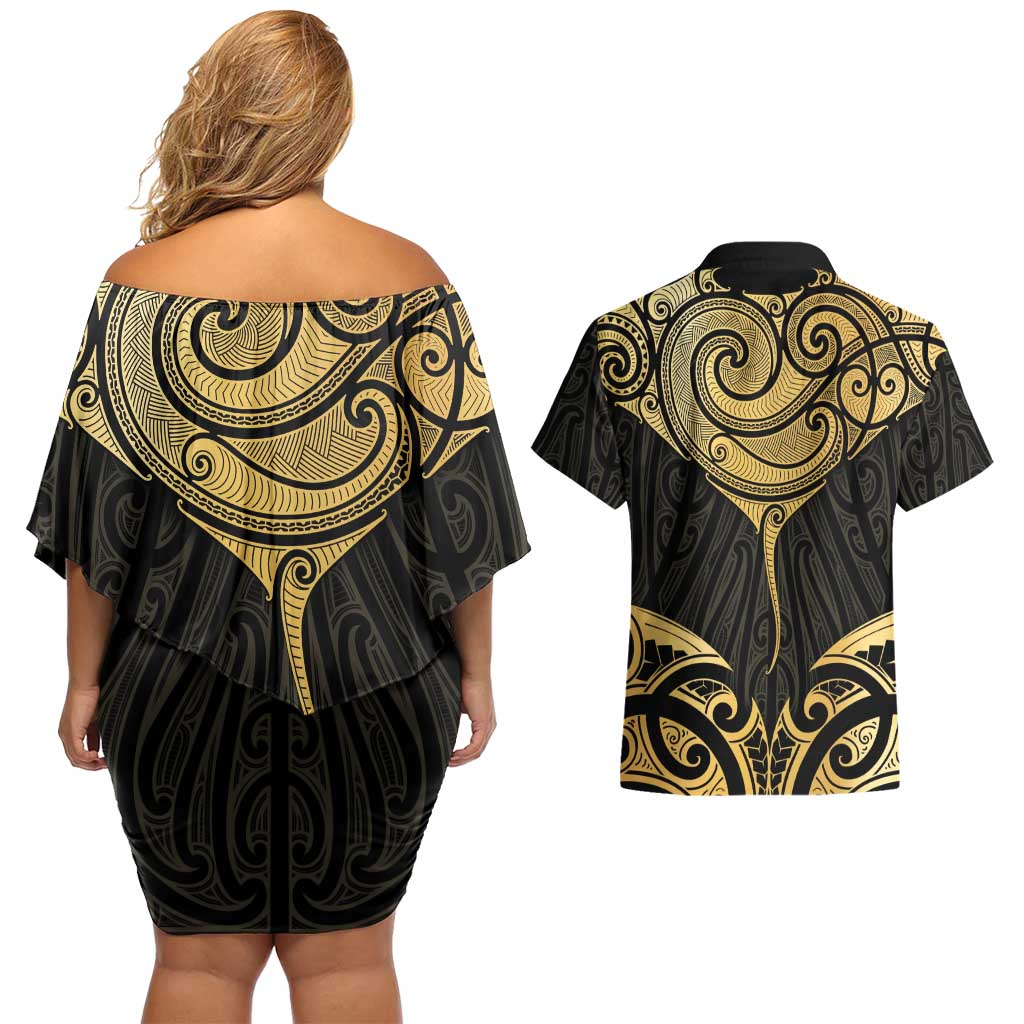 Gold Black New Zealand Manta Ray Couples Matching Off Shoulder Short Dress and Hawaiian Shirt Aotearoa Maori Haehae - Polynesian Pride