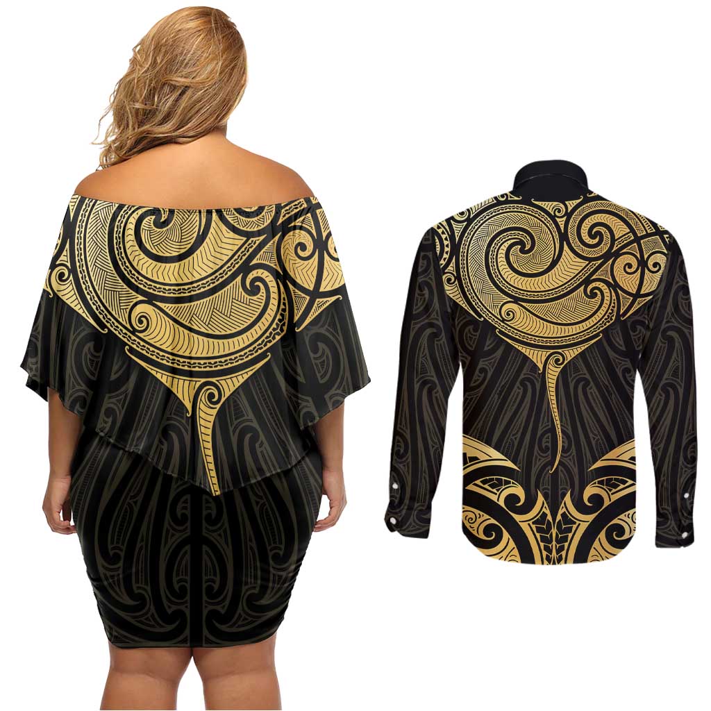 Gold Black New Zealand Manta Ray Couples Matching Off Shoulder Short Dress and Long Sleeve Button Shirt Aotearoa Maori Haehae - Polynesian Pride