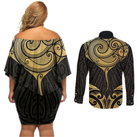 Gold Black New Zealand Manta Ray Couples Matching Off Shoulder Short Dress and Long Sleeve Button Shirt Aotearoa Maori Haehae - Polynesian Pride