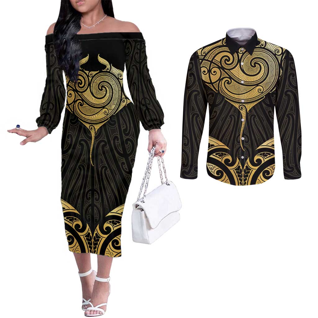 Gold Black New Zealand Manta Ray Couples Matching Off The Shoulder Long Sleeve Dress and Long Sleeve Button Shirt Aotearoa Maori Haehae - Polynesian Pride