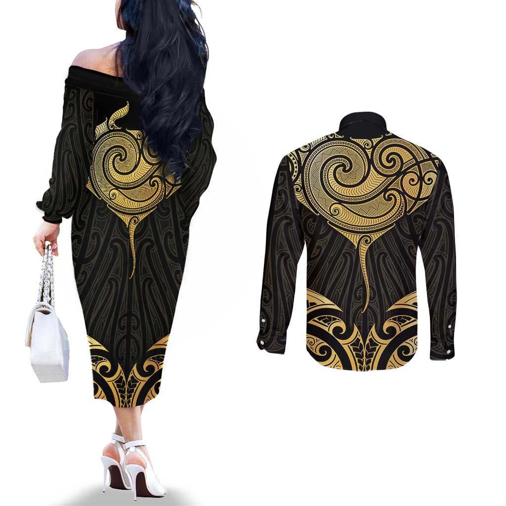 Gold Black New Zealand Manta Ray Couples Matching Off The Shoulder Long Sleeve Dress and Long Sleeve Button Shirt Aotearoa Maori Haehae - Polynesian Pride