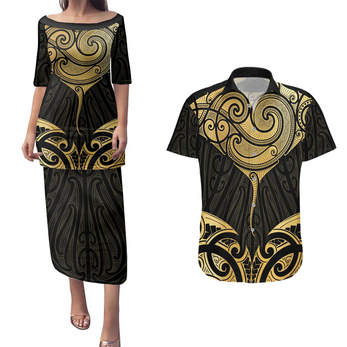 Gold Black New Zealand Manta Ray Couples Matching Puletasi and Hawaiian Shirt Aotearoa Maori Haehae - Polynesian Pride