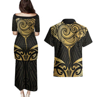 Gold Black New Zealand Manta Ray Couples Matching Puletasi and Hawaiian Shirt Aotearoa Maori Haehae - Polynesian Pride